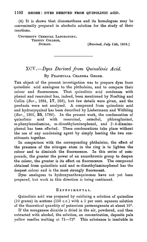XCV.—Dyes derived from quinolinic acid