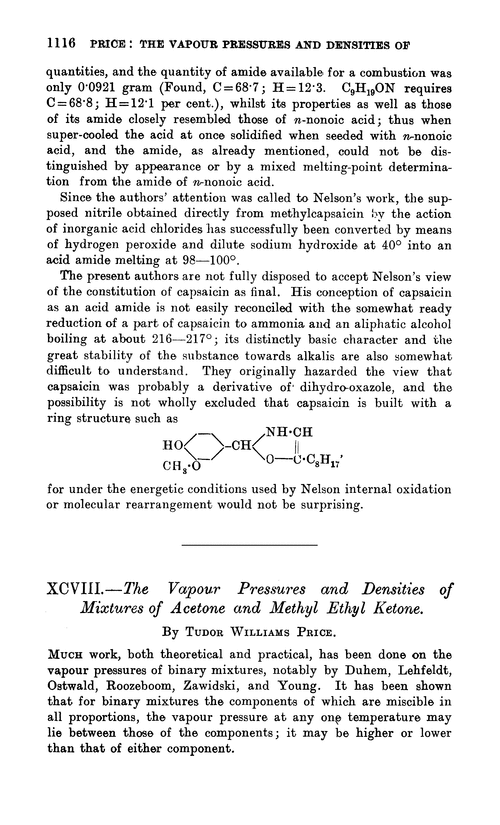 XCVIII.—The vapour pressures and densities of mixtures of acetone and methyl ethyl ketone