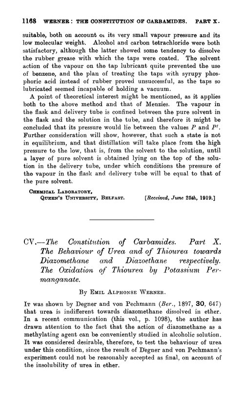 CV.—The constitution of carbamides. Part X. The behaviour of urea and of thiourea towards diazomethane and diazoethane respectively. The oxidation of thiourea by potassium permanganate