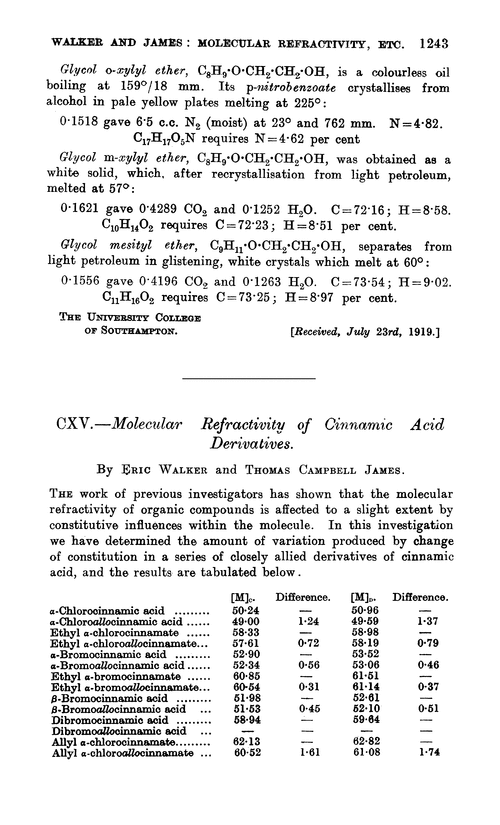 CXV.—Molecular refractivity of cinnamic acid derivatives