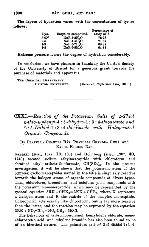 CXXI.—Reaction of the potassium salts of 2-thiol 5-thio-4-phenyl-4 : 5-dihydro-1 : 3 : 4-thiodiazole and 2 : 5-dithiol-1 : 3 : 4-thiodiazole with halogenated organic compounds
