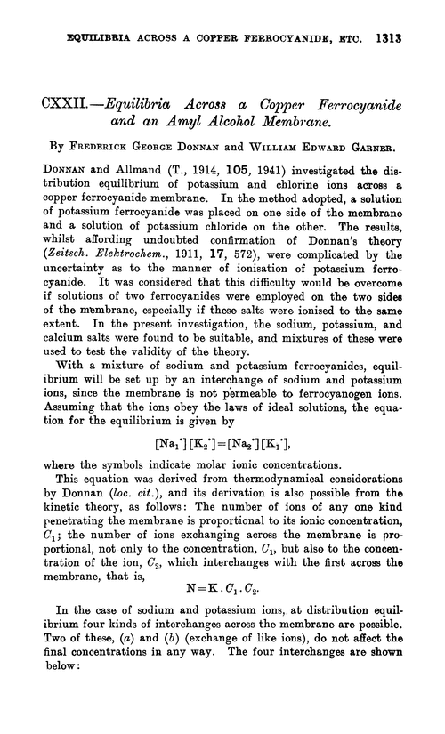 CXXII.—Equilibria across a copper ferrocyanide and an amyl alcohol membrane