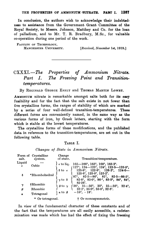 CXXXI.—The properties of ammonium nitrate. Part I. The freezing point and transition-temperatures
