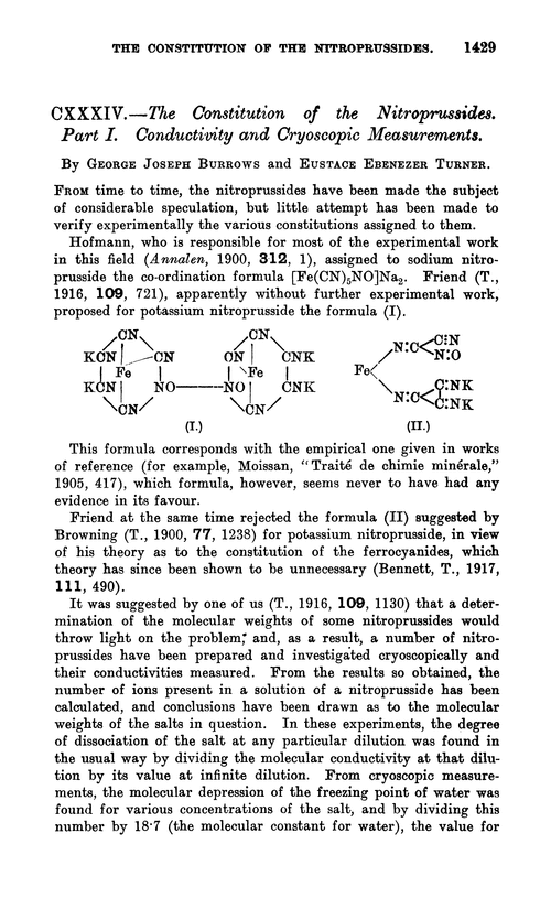 CXXXIV.—The constitution of the nitroprussides. Part I. Conductivity and cryoscopic measurements