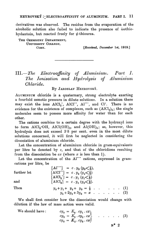 III.—The electroaffinity of aluminium. Part I. The ionisation and hydrolysis of aluminium chloride