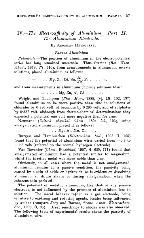 IV.—The electroaffinity of aluminium. Part II. The aluminium electrode