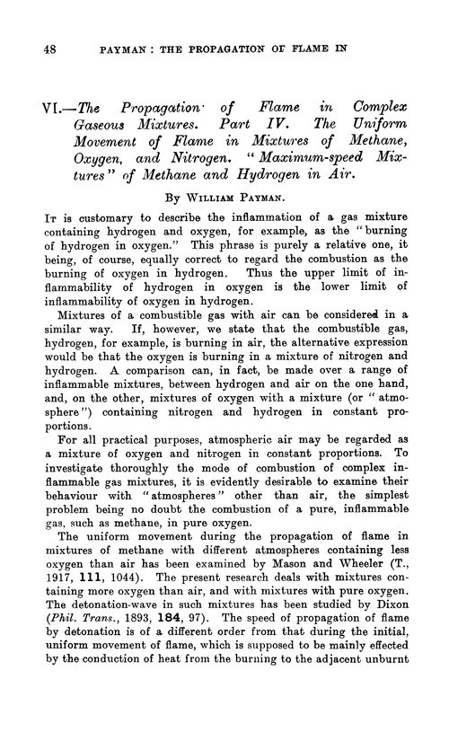 VI.—The propagation of flame in complex gaseous mixtures. Part IV. The uniform movement of flame in mixtures of methane, oxygen, and nitrogen. “Maximum-speed mixtures” of methane and hydrogen in air