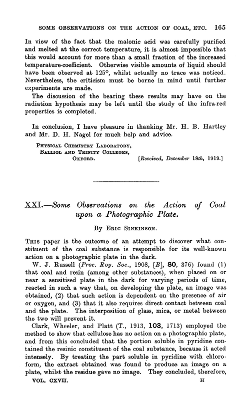 XXI.—Some observations on the action of coal upon a photographic plate