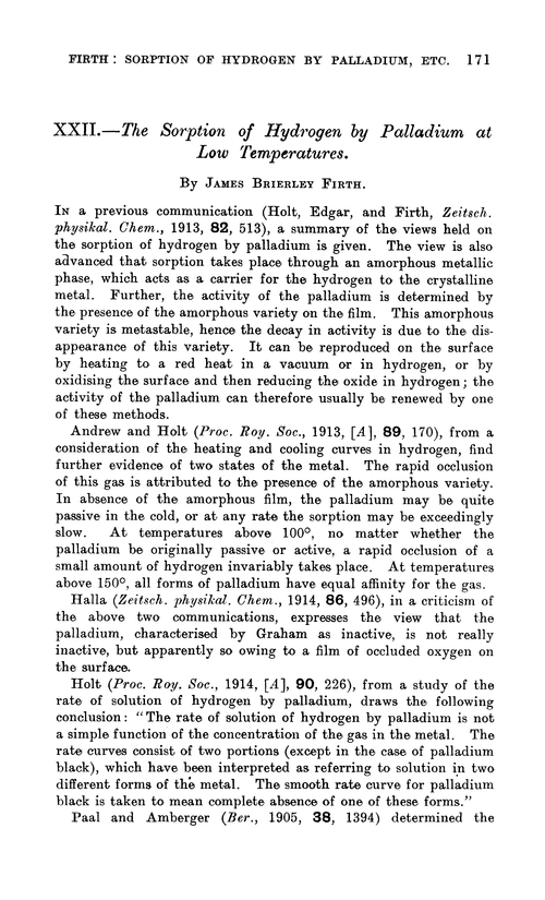 XXII.—The sorption of hydrogen by palladium at low temperatures