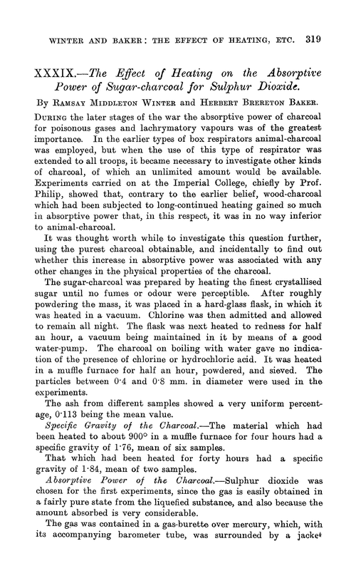 XXXIX.—The effect of heating on the absorptive power of sugar-charcoal for sulphur dioxide