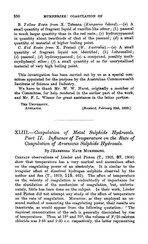 XLIII.—Coagulation of metal sulphide hydrosols. Part II. Influence of temperature on the rate of coagulation of arsenious sulphide hydrosols