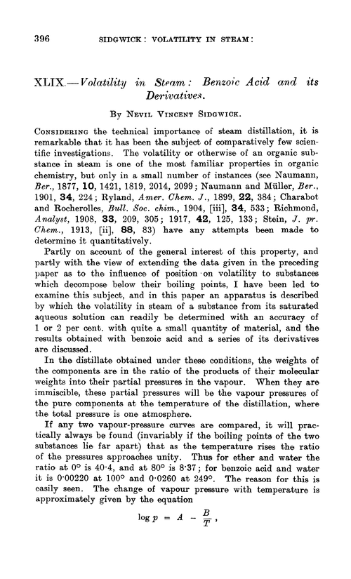 XLIX.—Volatility in steam: benzoic acid and its derivatives