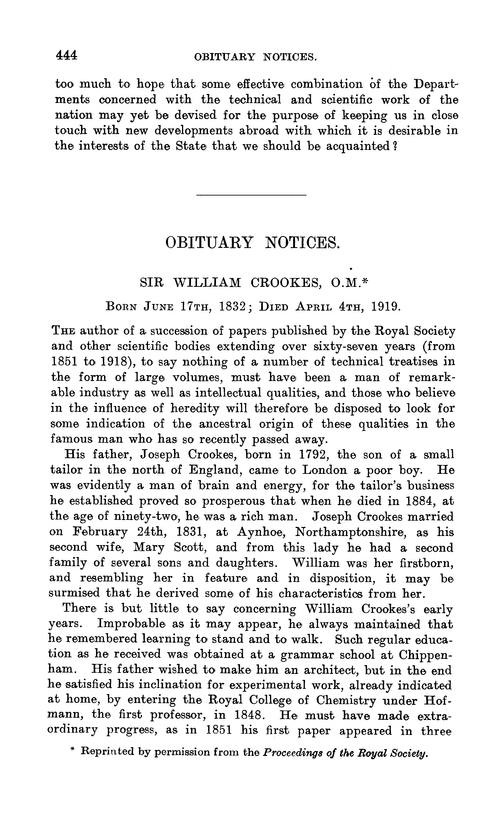 Obituary notices: Sir William Crookes, O.M., 1832–1919; Thomas Fairley, 1843–1919; Walter William Fisher, 1842–1920; Antoine Paul Nicolas Franchimont, 1844–1919; Harold Cecil Greenwood, 1887–1919; Charles Edward Groves, 1841–1920; John Holmes, 1871–1919; Sir Boverton Redwood, Bart., 1846–1919; John Charles Umney, 1868–1919