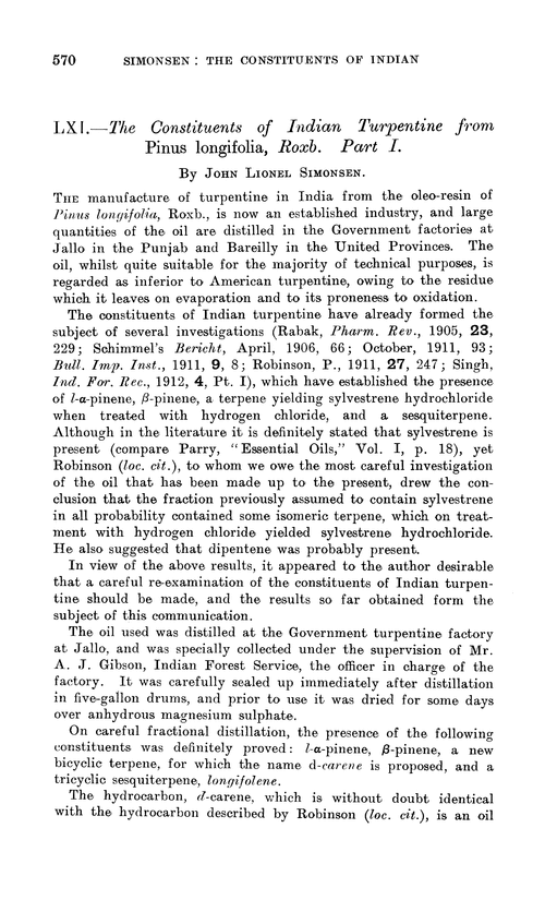 LXI.—The constituents of Indian turpentine from Pinus longifolia, Roxb. Part I