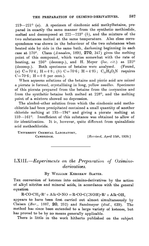 LXIII.—Experiments on the preparation of oximino-derivatives