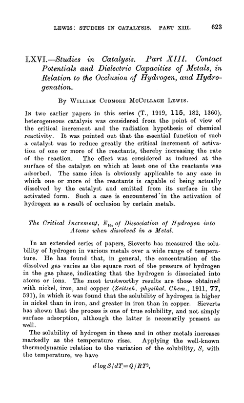 LXVI.—Studies in catalysis. Part XIII. Contact potentials and dielectric capacities of metals, in relation to the occlusion of hydrogen, and hydrogenation