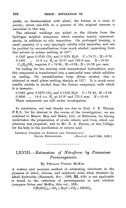 LXVIII.—Estimation of nitroform by potassium permanganate
