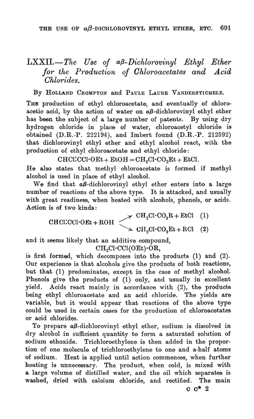 LXXII.—The use of αβ-dichlorovinyl ethyl ether for the production of chloroacetates and acid chlorides