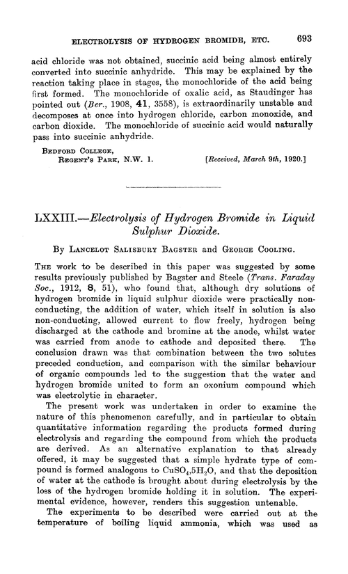 LXXIII.—Electrolysis of hydrogen bromide in liquid sulphur dioxide