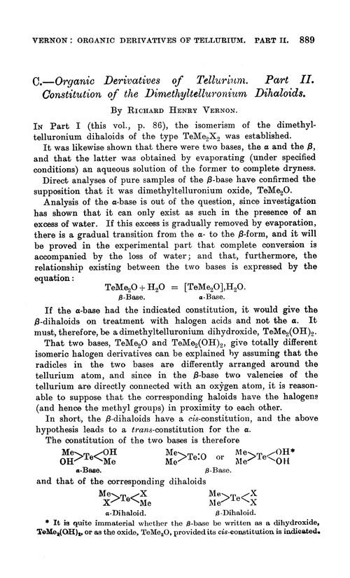 C.—Organic derivatives of tellurium. Part II. Constitution of the dimethyltelluronium dihaloids