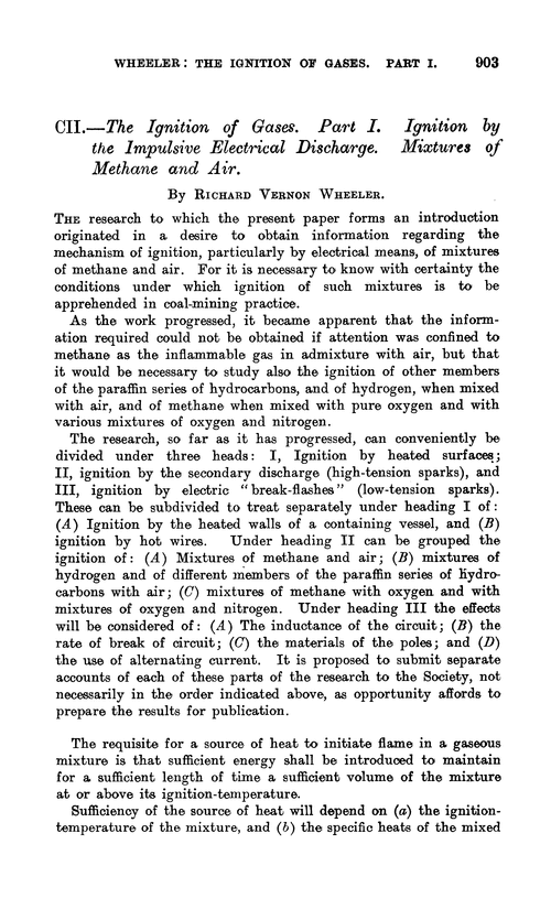 CII.—The ignition of gases. Part I. Ignition by the impulsive electrical discharge. Mixtures of methane and air