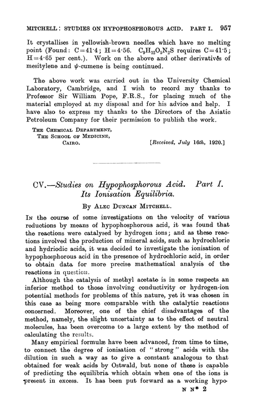CV.—Studies on hypophosphorous acid. Part I. Its ionisation equilibria