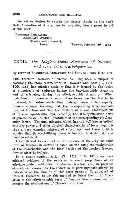 CXXII.—The ethylene-oxide structure of sucrose and some other carbohydrates