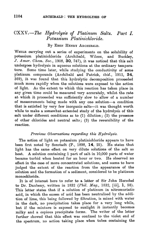 CXXV.—The hydrolysis of platinum salts. Part I. Potassium platinichloride