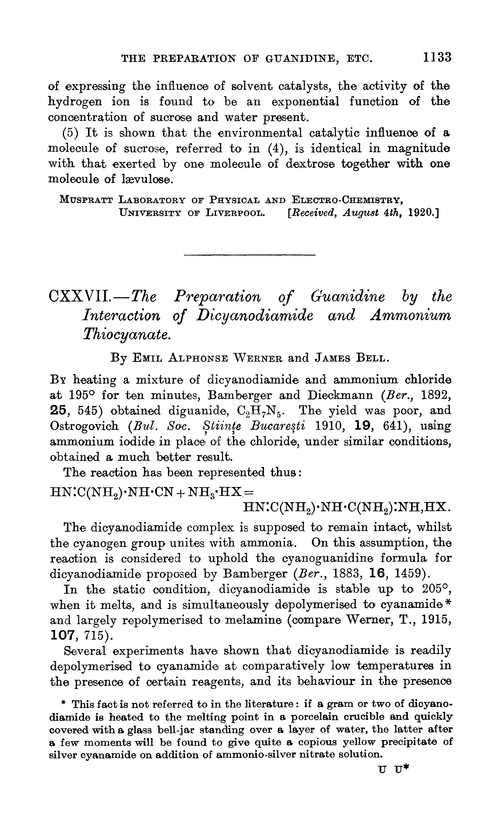 CXXVII.—The preparation of guanidine by the interaction of dicyanodiamide and ammonium thiocyanate
