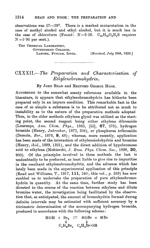 CXXXII.—The preparation and characterisation of ethylenebromohydrin