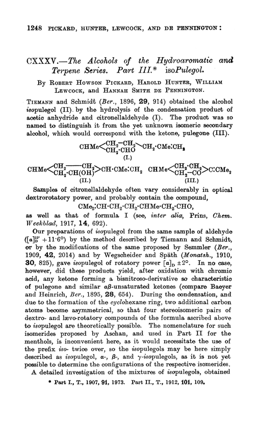 CXXXV.—The alcohols of the hydroaromatic and terpene series. Part III. isopulegol