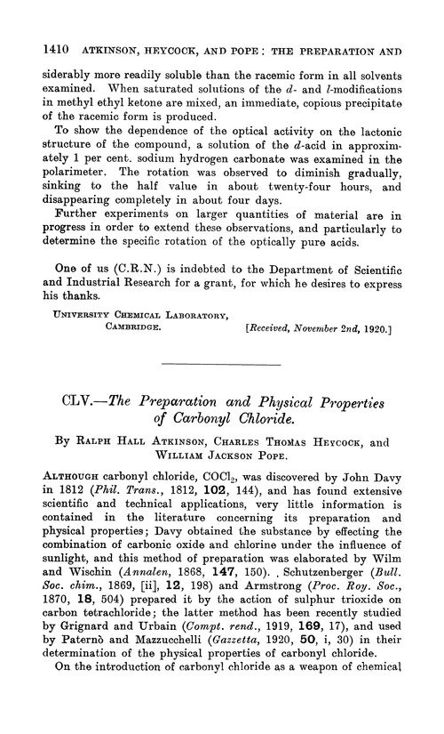 CLV.—The preparation and physical properties of carbonyl chloride