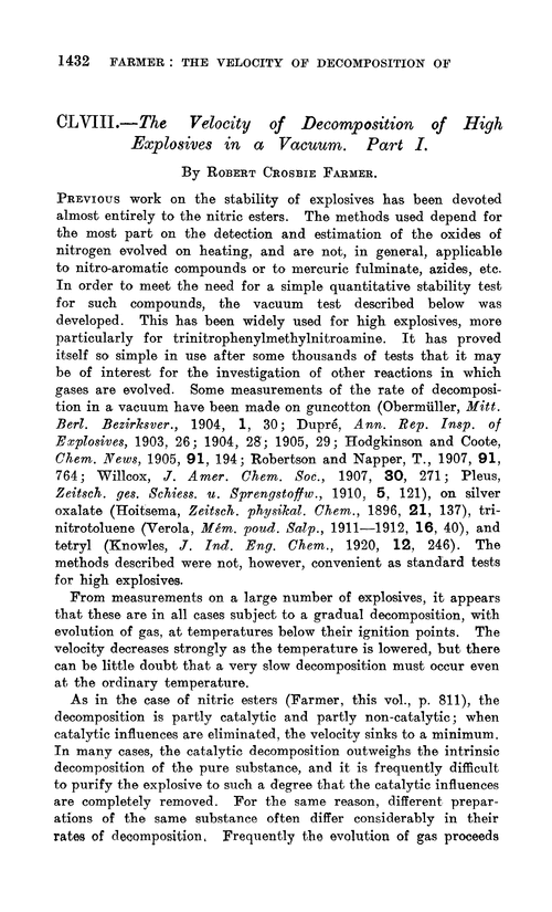 CLVIII.—The velocity of decomposition of high explosives in a vacuum. Part I