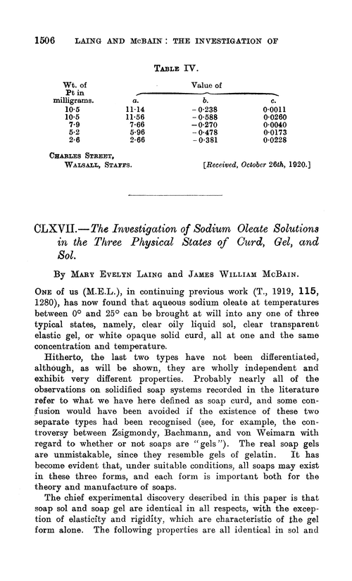 CLXVII.—The investigation of sodium oleate solutions in the three physical states of curd, gel, and sol