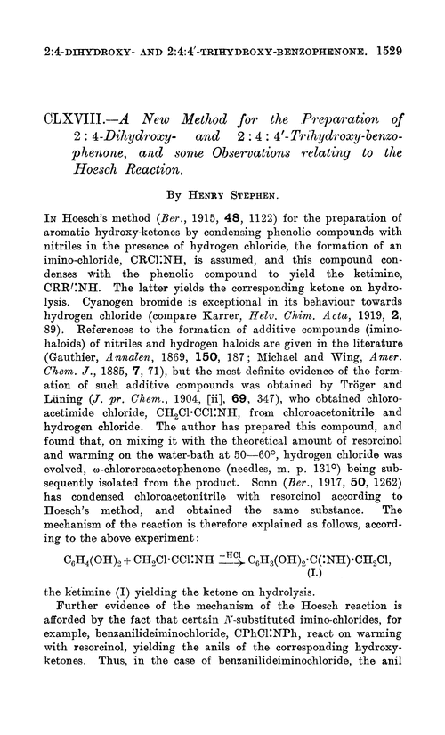 CLXVIII.—A new method for the preparation of 2 : 4-dihydroxy- and 2 : 4 : 4′-trihydroxy-benzophenone, and some observations relating to the Hoesch reaction