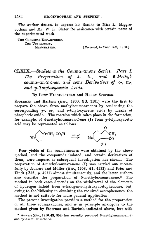 CLXIX.—Studies in the coumaranone series. Part I. The preparation of 4-, 5-, and 6-methylcoumaran-2-ones, and some derivatives of o-, m-, and p-tolyloxyacetic acids