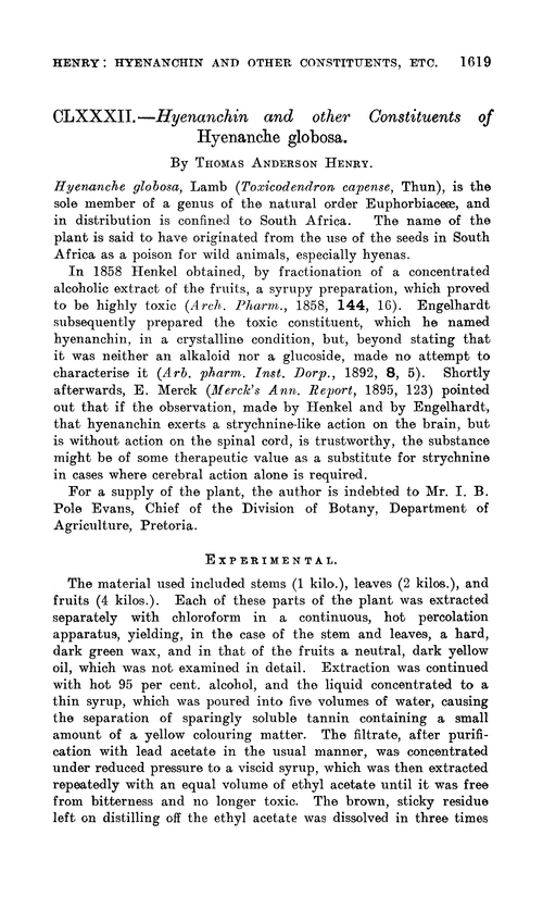 CLXXXII.—Hyenanchin and other constituents of Hyenanche globosa