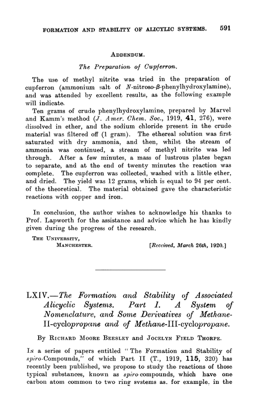 LXIV.—The formation and stability of associated alicyclic systems. Part I. A system of nomenclature, and some derivatives of methane-II-cyclopropane and of methane-III-cyclopropane