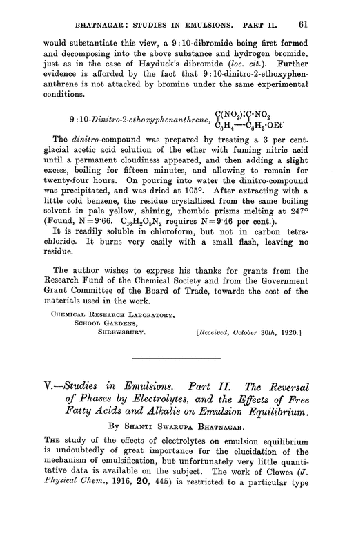 V.—Studies in emulsions. Part II. The reversal of phases by electrolytes, and the effects of free fatty acids and alkalis on emulsion equilibrium