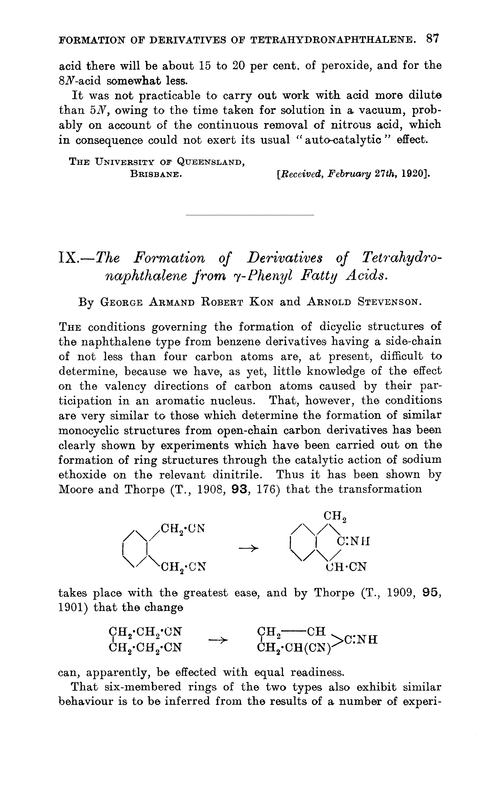 IX.—The formation of derivatives of tetrahydronaphthalene from γ-phenyl fatty acids