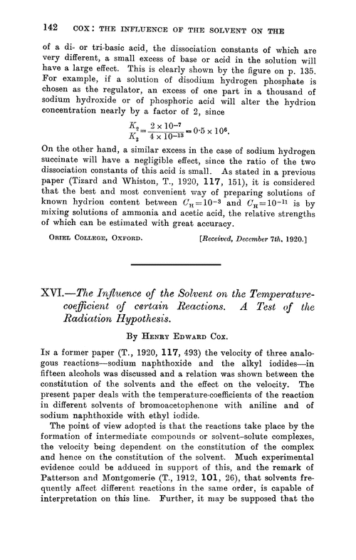 XVI.—The influence of the solvent on the temperature-coefficient of certain reactions. A test of the radiation hypothesis