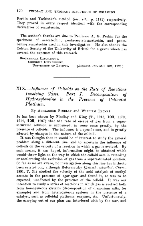 XIX.—Influence of colloids on the rate of reactions involving gases. Part I. Decomposition of hydroxylamine in the presence of colloidal platinum