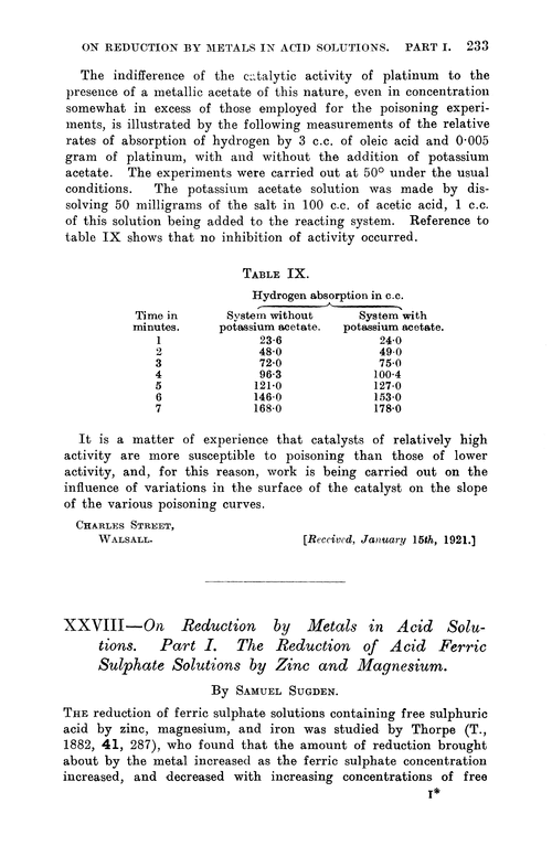 XXVIII—On reduction by metals in acid solutions. Part I. The reduction of acid ferric sulphate solutions by zinc and magnesium