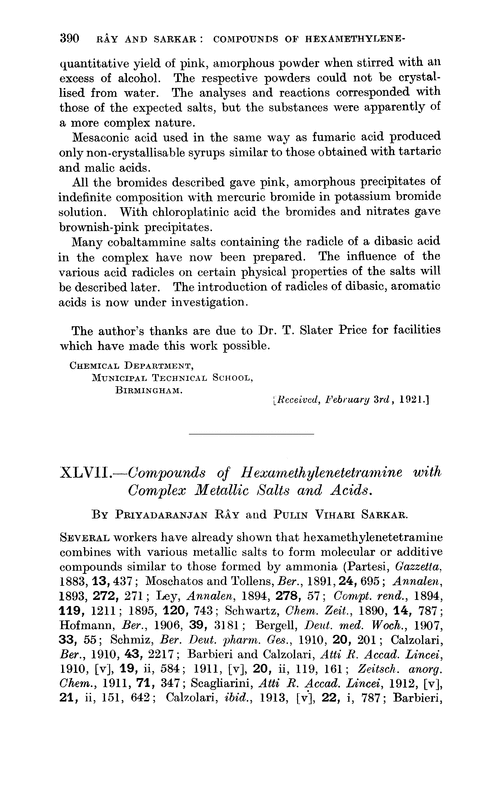 XLVII.—Compounds of hexamethylenetetramine with complex metallic salts and acids