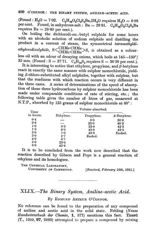 XLIX.—The binary system, aniline–acetic acid
