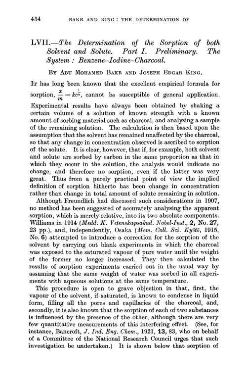 LVII.—The determination of the sorption of both solvent and solute. Part I. Preliminary. The system: benzene–iodine–charcoal