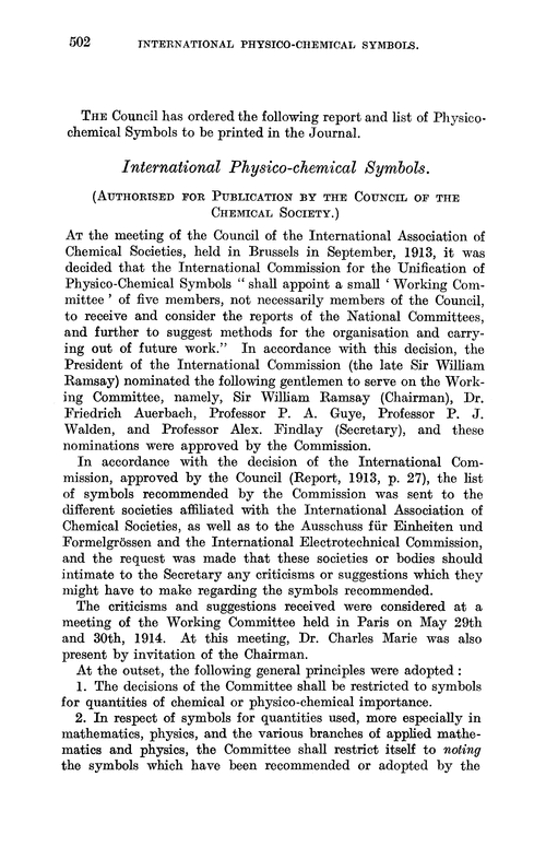 International physico-chemical symbols adopted by the Chemical Society