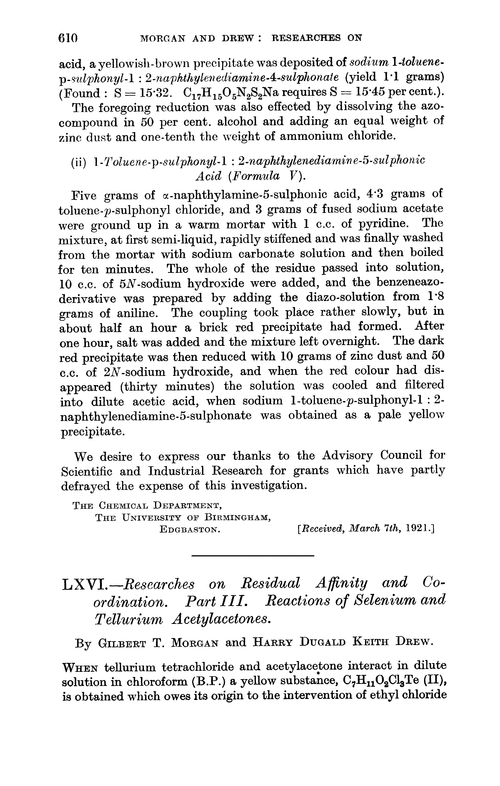 LXVI.—Researches on residual affinity and coordination. Part III. Reactions of selenium and tellurium acetylacetones