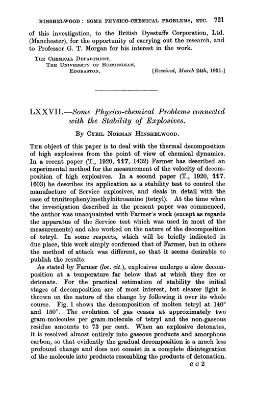 LXXVII.—Some physico-chemical problems connected with the stability of explosives