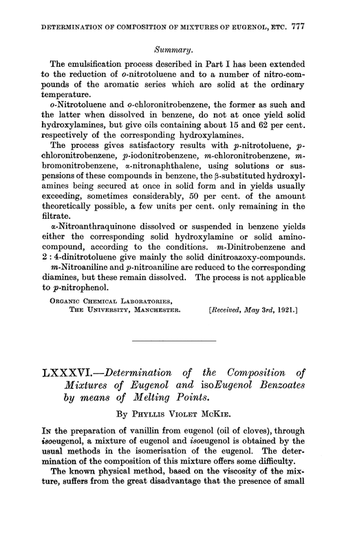 LXXXVI.—Determination of the composition of mixtures of eugenol and isoeugenol benzoates by means of melting points